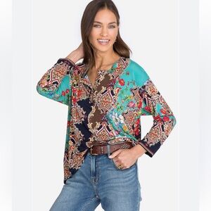 JOHNNY WAS Indi Flower Long Sleeve Henley Tee top, size M